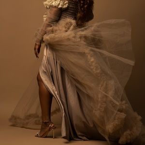 This is the Custom Tulle Robe off shoulder in nude from oyemwen.com.